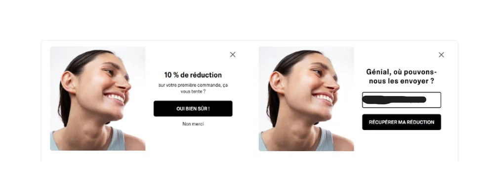 Exemple de popup multi-step e-commerce : étape 1 avec offre de 10 % et boutons oui/non, étape 2 avec champ email
