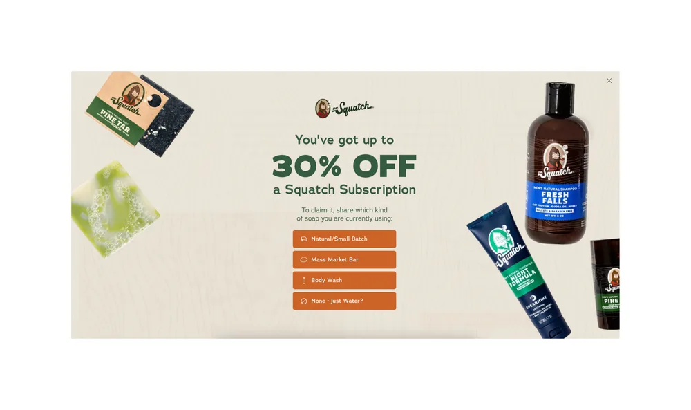 Exemple de popup quiz e-commerce proposant un diagnostic personnalisé contre l'adresse email
