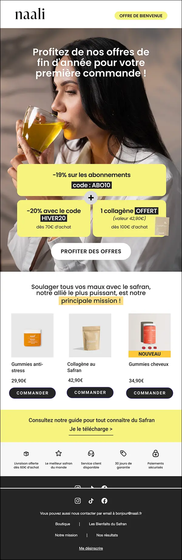 Exemple d'email de bienvenue e-commerce avec offre, codes promo et sélection de produits