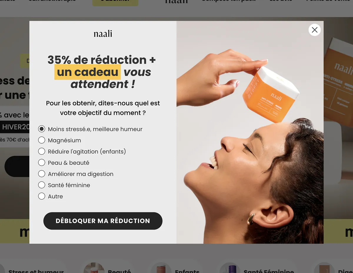 Étape 1 d'un popup multi-step e-commerce : offre de 35 % et question de qualification sur l'objectif du visiteur