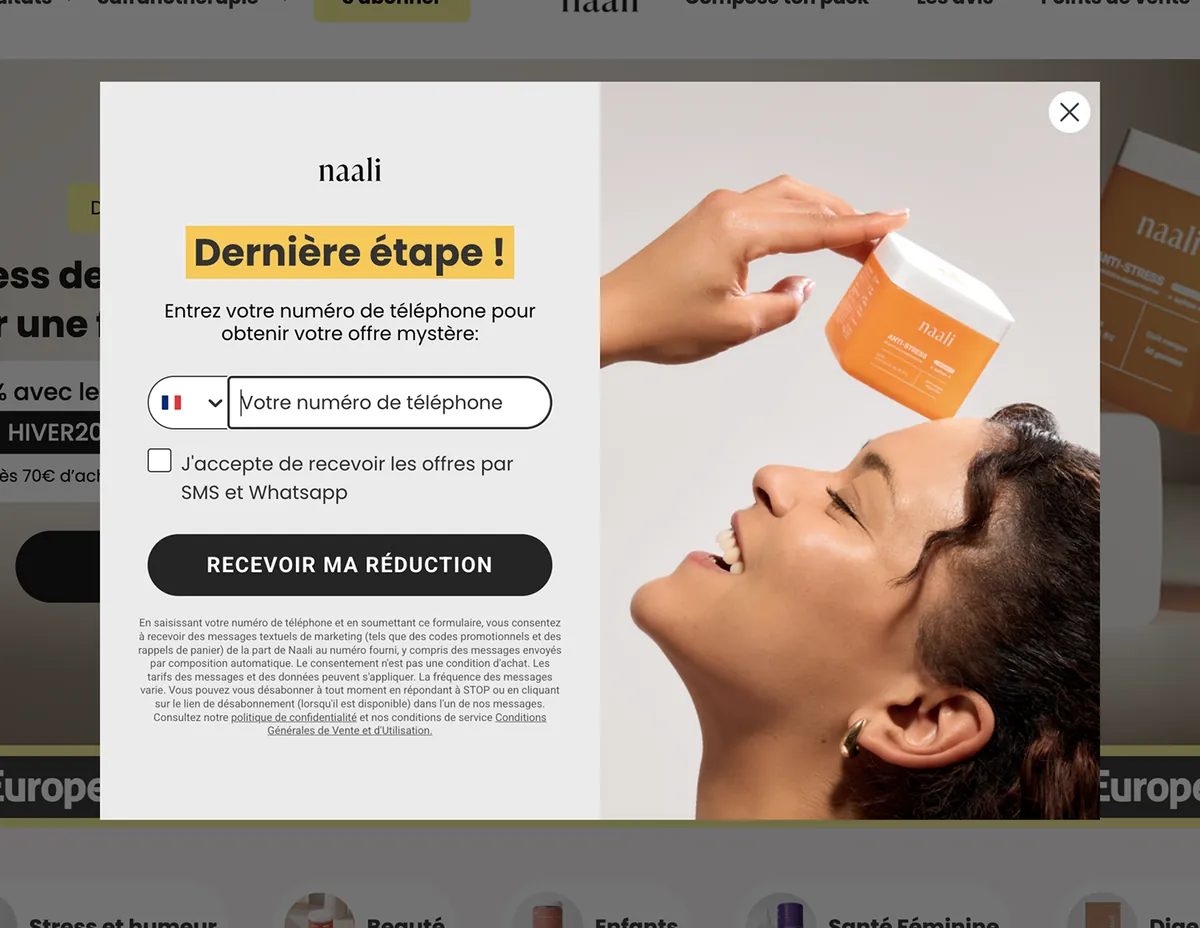 Étape 3 d'un popup multi-step : collecte du numéro de téléphone avec consentement SMS et WhatsApp et mentions légales
