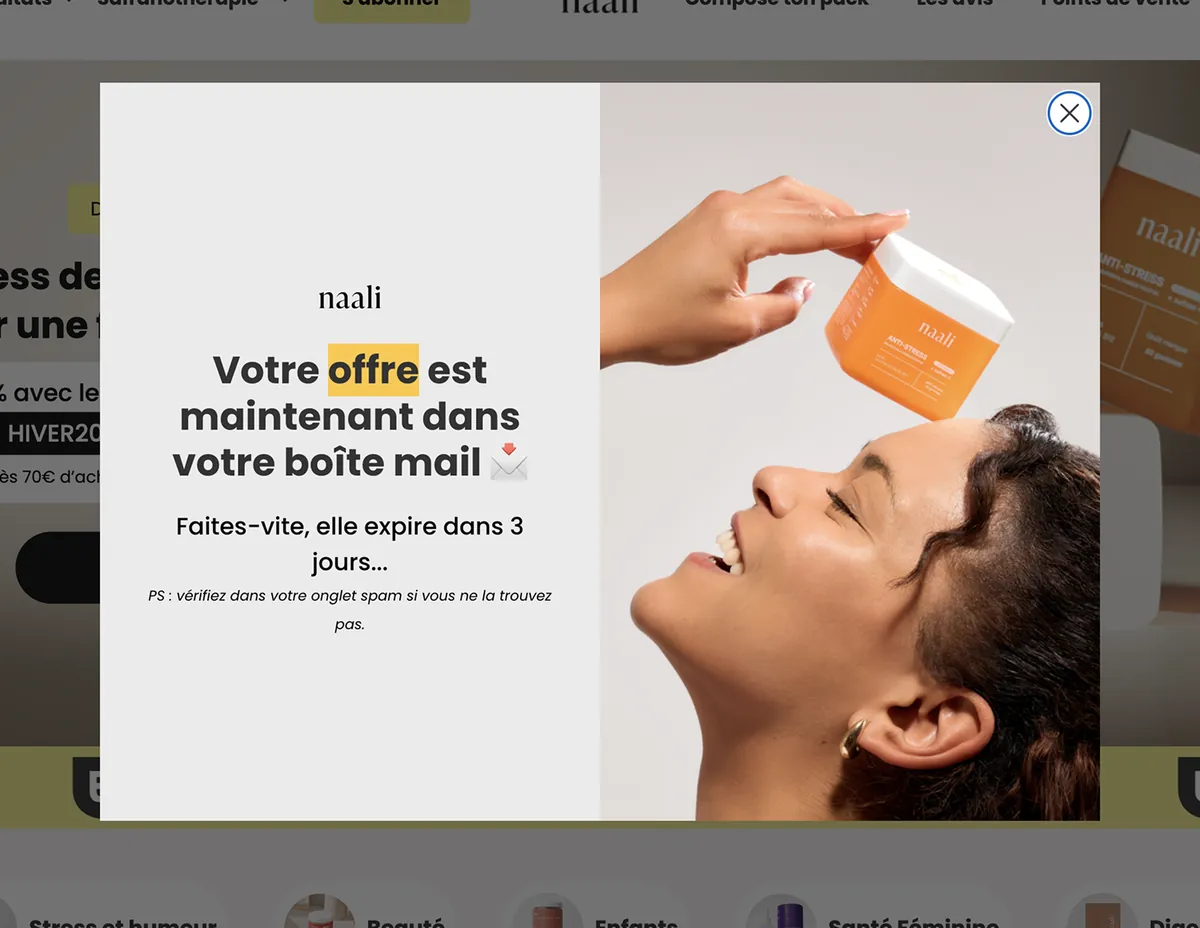 Étape 4 d'un popup multi-step : écran de confirmation annonçant l'envoi de l'offre par email avec une date d'expiration